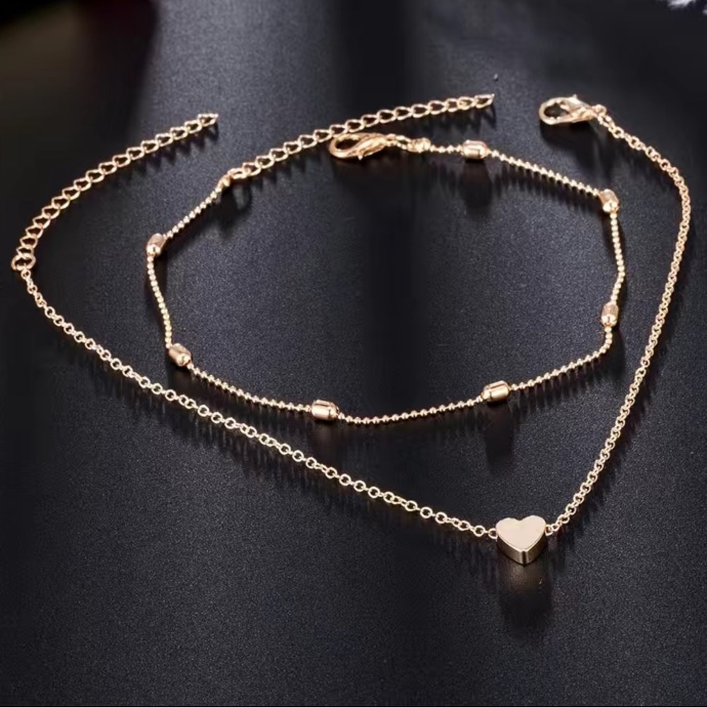 Floating Heart Gold Toned Dainty Anklet Set - Picture 2 of 4